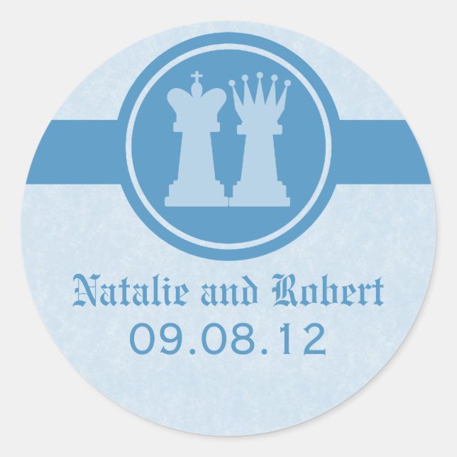 Chess King and Queen Wedding Stickers, Blue Classic Round Sticker (Front)