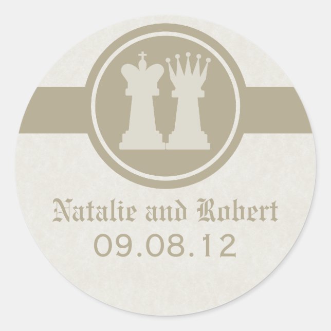 Chess King and Queen Wedding Stickers, Latte Classic Round Sticker (Front)