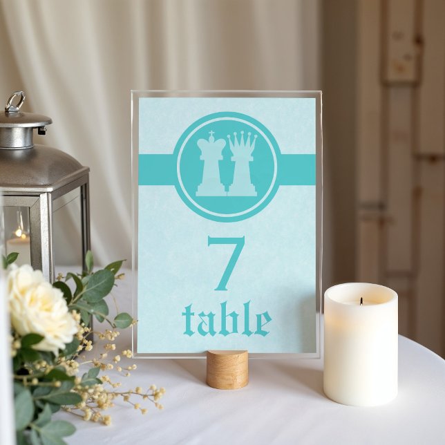 Chess King and Queen Wedding Table Card, Aqua Number (Aqua Chess King and Queen Wedding Table Card)