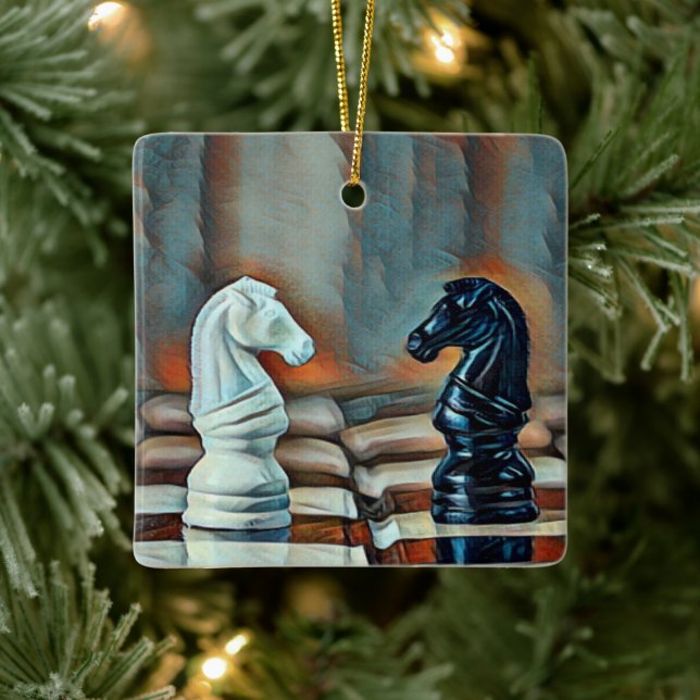 Chess Knights Chess Board Personalized Christmas Ceramic Ornament (Tree)