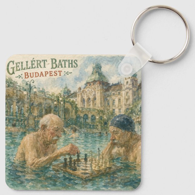 Chess match Gellert Baths Budapest Hungary Keychain (Back)