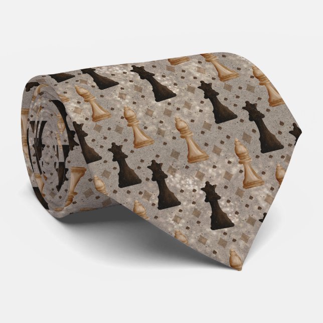 Chess Pieces Game of Chess Black White and Gold Tie (Rolled)