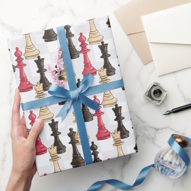 Chess Pieces Modern Black Red and White Wrapping Paper (Gifting)