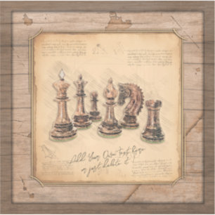 Chess Pieces on Grunge Wooden Board Player Gift