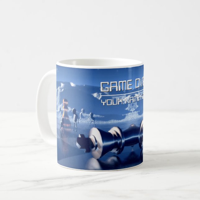 Chess pieces on planetscape. Customizable text Coffee Mug (Front Left)