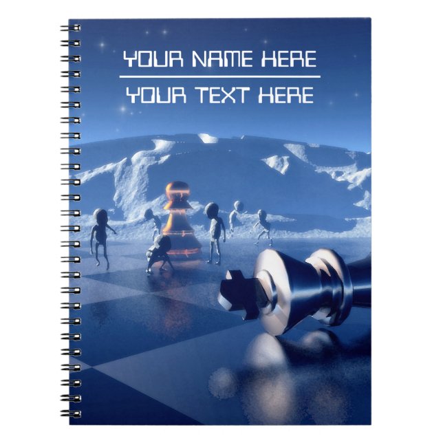 Chess pieces on planetscape. Customizable text Notebook (Front)