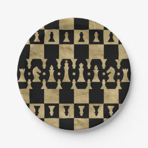 Chess Pieces Pattern - black and gold Paper Plate