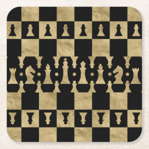 Chess Pieces Pattern - black and gold Square Paper Coaster