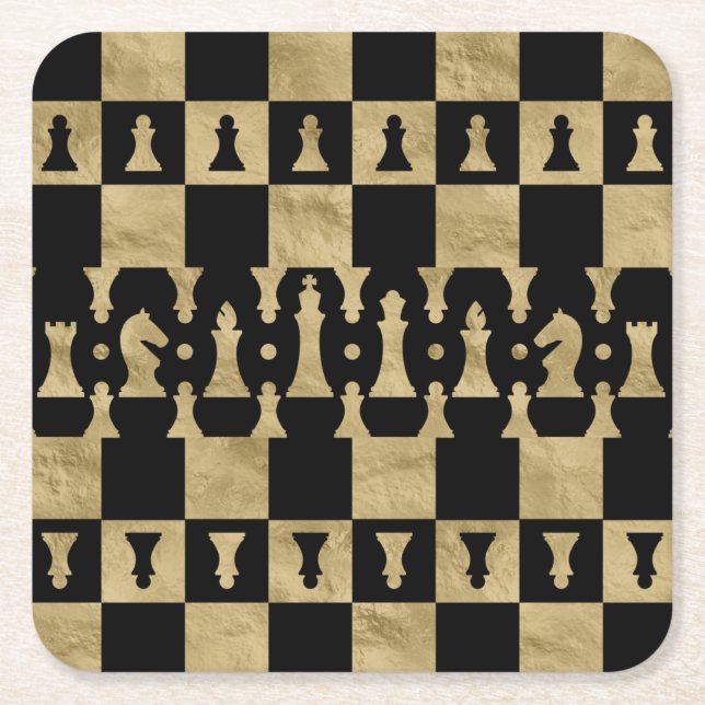 Chess Pieces Pattern - black and gold Square Paper Coaster (Front)