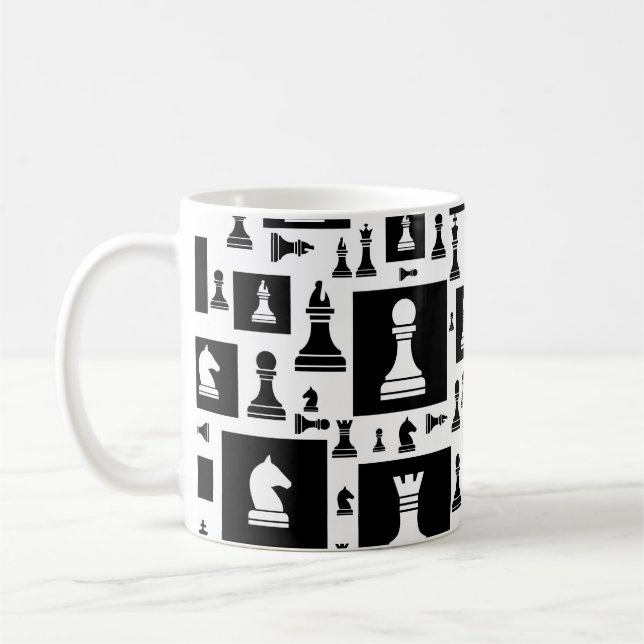 Chess Pieces Pattern - Black and white Coffee Mug (Left)