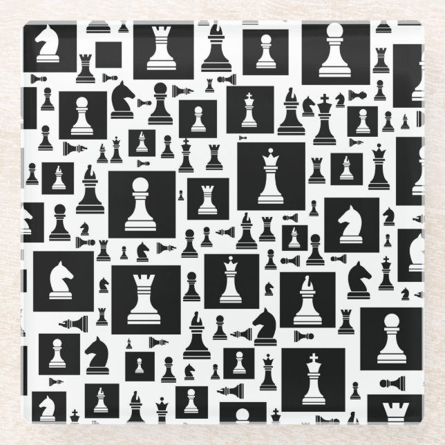 Chess Pieces Pattern - Black and white Glass Coaster (Front)