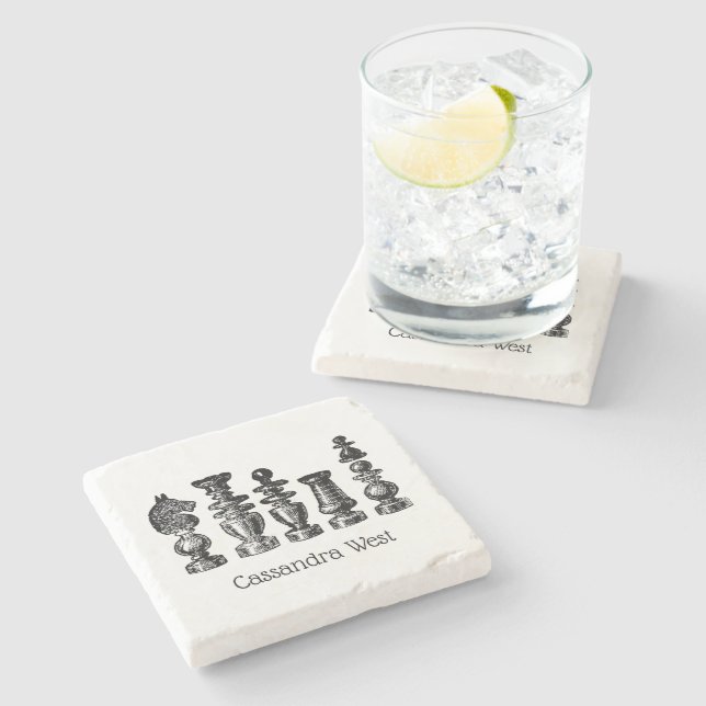 Chess Pieces Vintage Art Stone Coaster (Side)