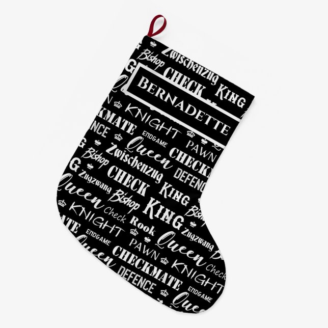 Chess Player Black and White Chess Piece Names Large Christmas Stocking (Front (Hanging))