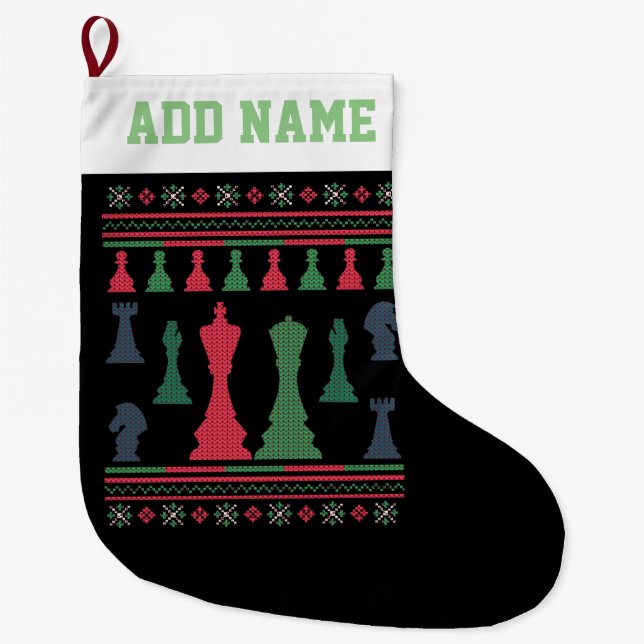 Chess Player Ugly Christmas Sweater Large Christmas Stocking (Front)