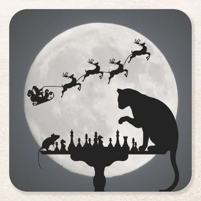 Chess Santa Full Moon Cat and Mouse Game Christmas Square Paper Coaster (Front)