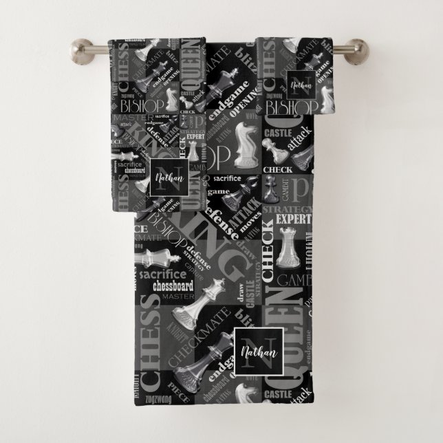 Chess Terms and Pieces Black and White ID784 Bath Towel Set (Insitu)