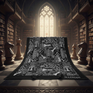 Chess Terms and Pieces Black and White ID784 Fleece Blanket