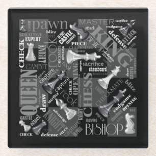Chess Terms and Pieces Black and White ID784 Glass Coaster
