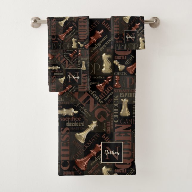 Chess Terms and Pieces Copper and Gold ID784 Bath Towel Set (Insitu)