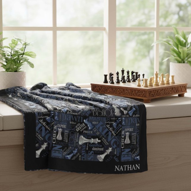 Chess Terms and Pieces Silver and Blue ID784 Fleece Blanket (Creator Uploaded)