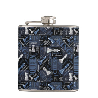Chess Terms and Pieces Silver and Blue ID784 Hip Flask