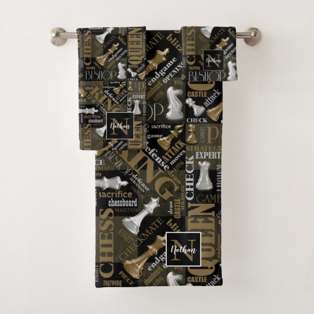Chess Terms and Pieces Silver and Gold ID784 Bath Towel Set (Insitu)