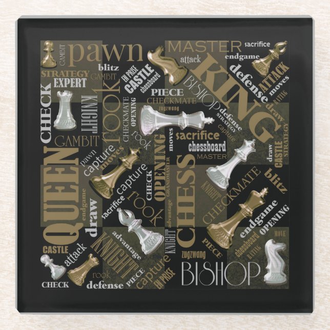 Chess Terms and Pieces Silver and Gold ID784 Glass Coaster (Front)