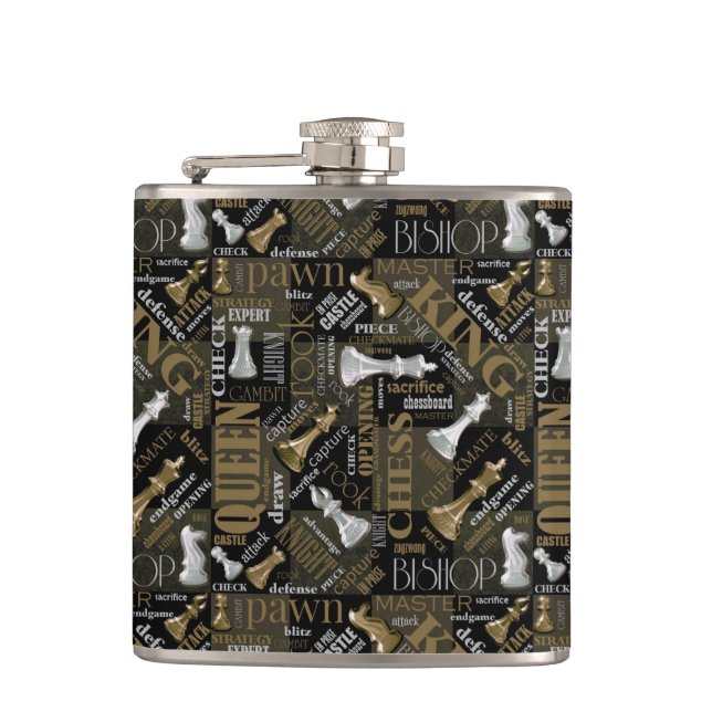 Chess Terms and Pieces Silver and Gold ID784 Hip Flask (Front)