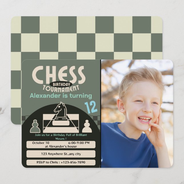 Chess Tournament Birthday Party Green Theme photo Invitation (Front/Back)