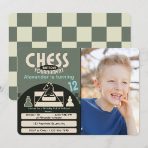 Chess Tournament Birthday Party Green Theme photo Invitation