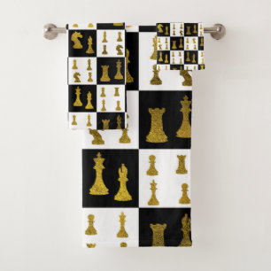 Chessboard and Gold Chess Pieces pattern Bath Towel Set