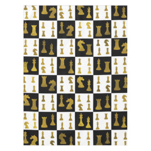 Chessboard and Gold Chess Pieces pattern Tablecloth