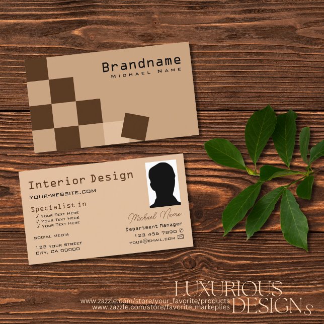 Chessboard Beige and Brown Modern with Photo Cool Business Card (Creator Uploaded)