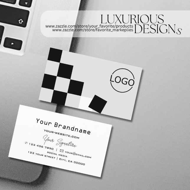 Chessboard Black Light Grey Modern with Logo Cool Business Card (Creator Uploaded)