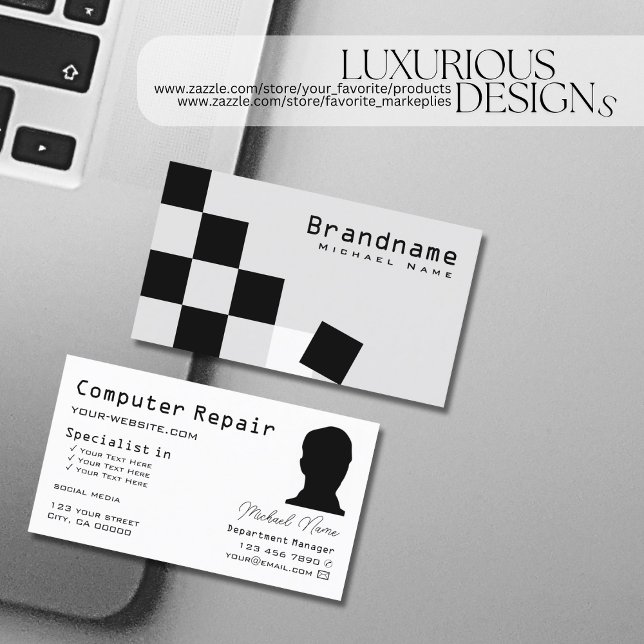 Chessboard Black Light Grey Modern with Photo Cool Business Card (Creator Uploaded)