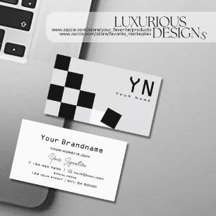 Chessboard Black Light Grey with Monogram Modern Business Card