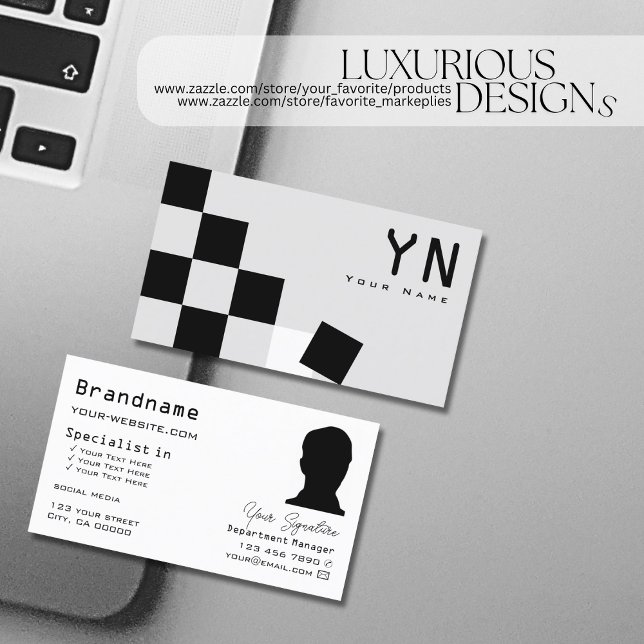 Chessboard Black Light Grey with Monogram & Photo Business Card (Creator Uploaded)
