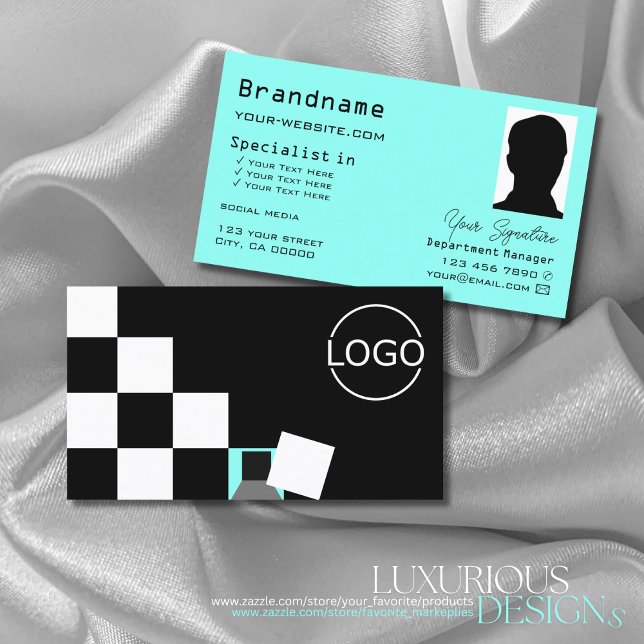 Chessboard Black White Teal with Logo and Photo Business Card (Creator Uploaded)
