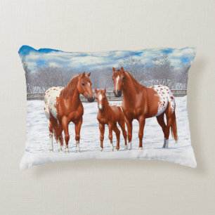 Chestnut Appaloosa Sorrel Quarter Horses in Snow Accent Pillow