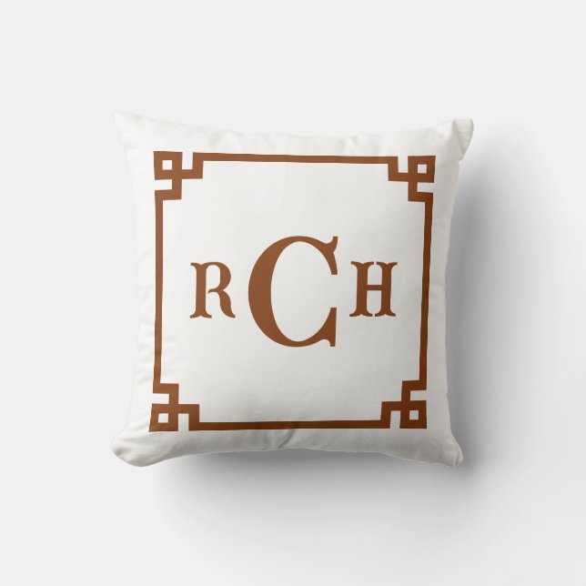 Chestnut Brown Chinoiserie Greek Key Monogram Throw Pillow (Front)