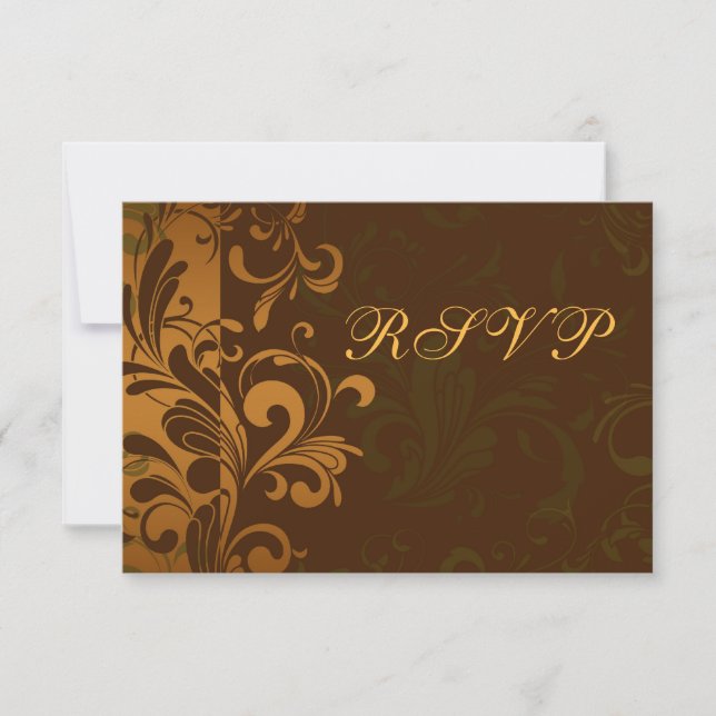 Chestnut Brown Gold/Green Swirl RSVP Reply Cards (Front)