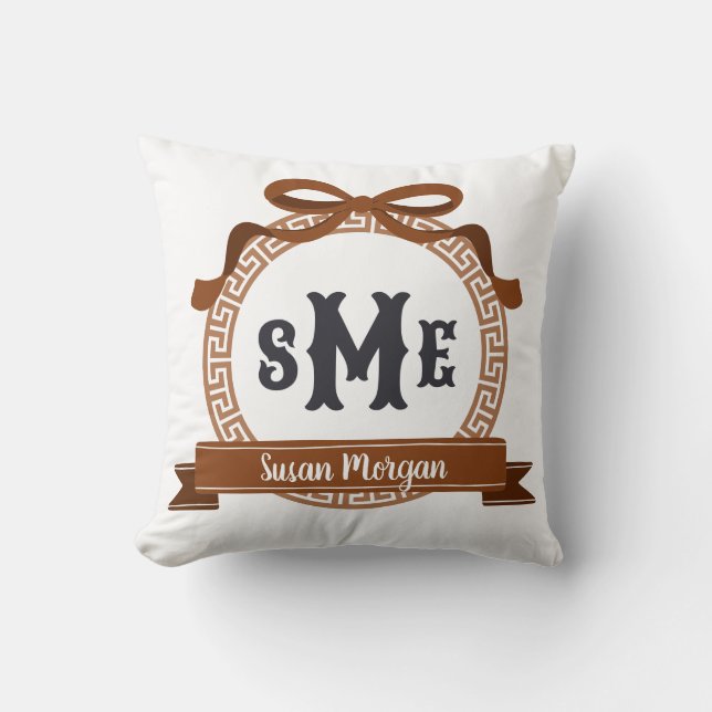 Chestnut Brown Greek Key Bow Monogram Throw Pillow (Front)