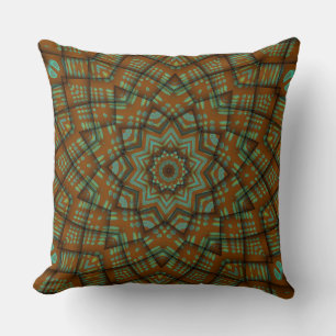 Chestnut Brown Green Blue Star Flower Pattern Throw Pillow