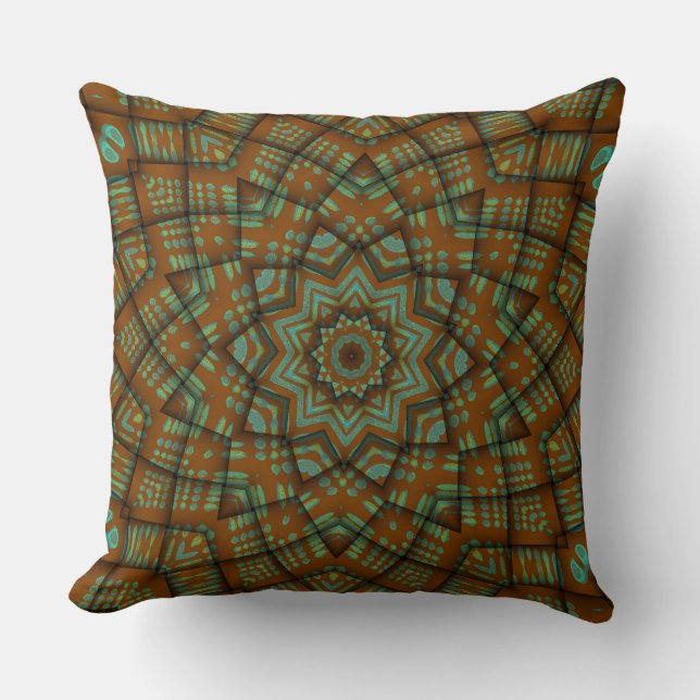 Chestnut Brown Green Blue Star Flower Pattern Throw Pillow (Front)