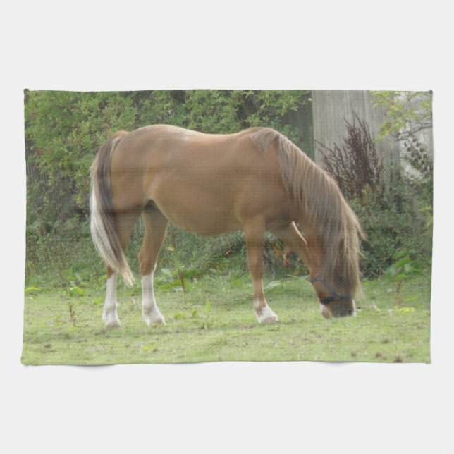 Chestnut Brown Horse Grazing Kitchen Towel (Horizontal)