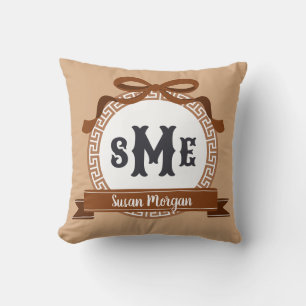 Chestnut Brown Reverse Greek Key Bow Monogram Throw Pillow