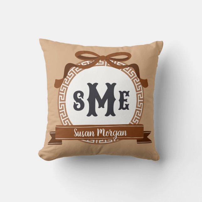 Chestnut Brown Reverse Greek Key Bow Monogram Throw Pillow (Front)