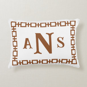 Chestnut Brown Square Greek Key Monogram Accent Pillow