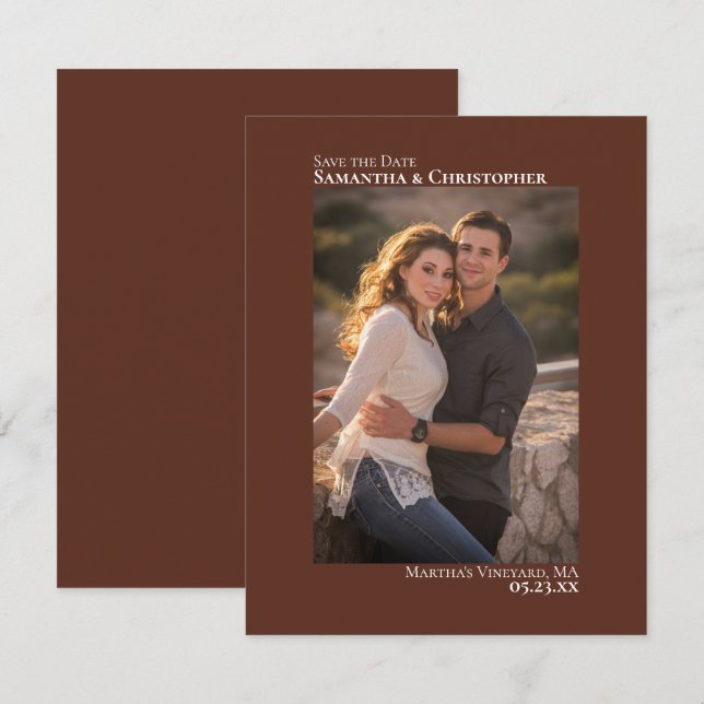 Chestnut Brown Vertical Photo Minimalist Wedding Save The Date (Front/Back)