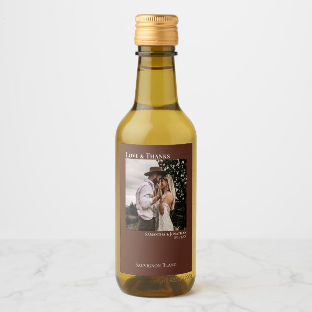 Chestnut Brown Wedding Photo Love & Thanks Mini Wine Label (Front)